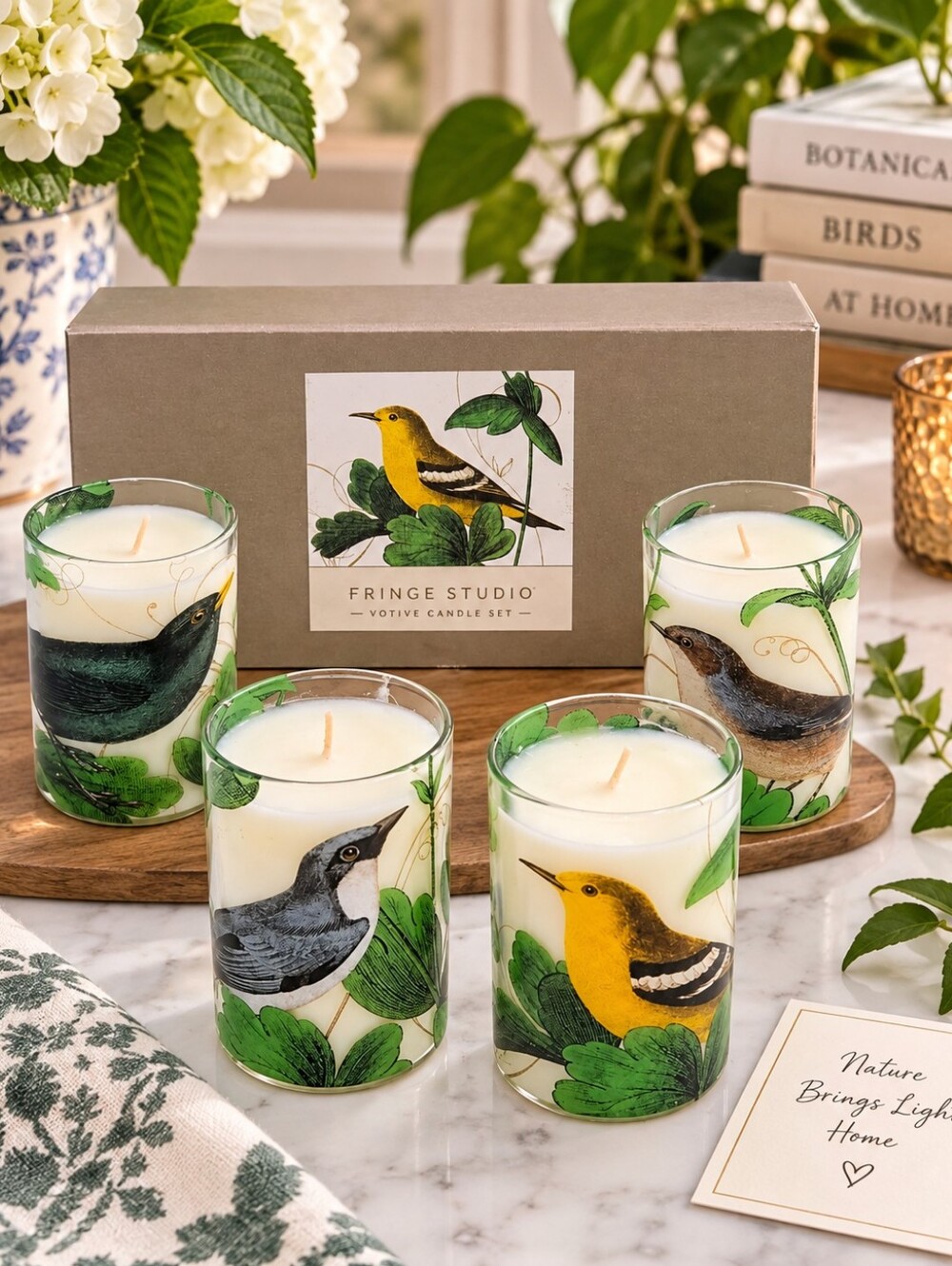 Fringe Studio Bird Votive Candles Set of 4 Botanical New in Box